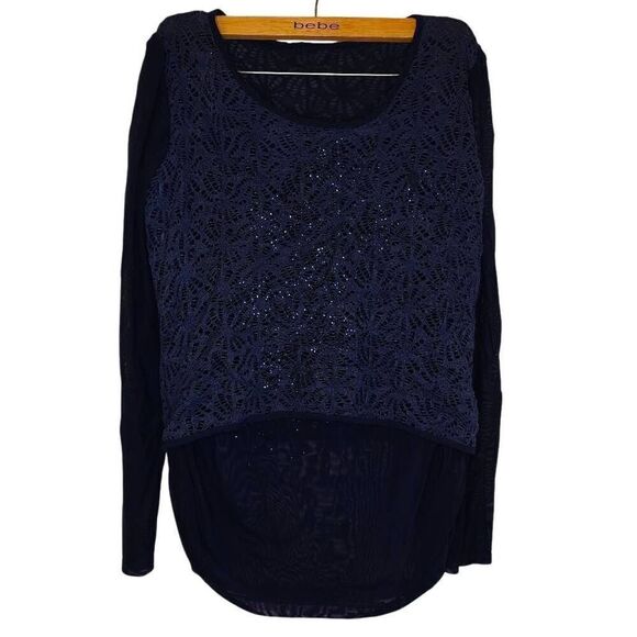 Dark Blue Sheer Sparkle Long Sleeves Lace Blouse - Picture 1 of 6